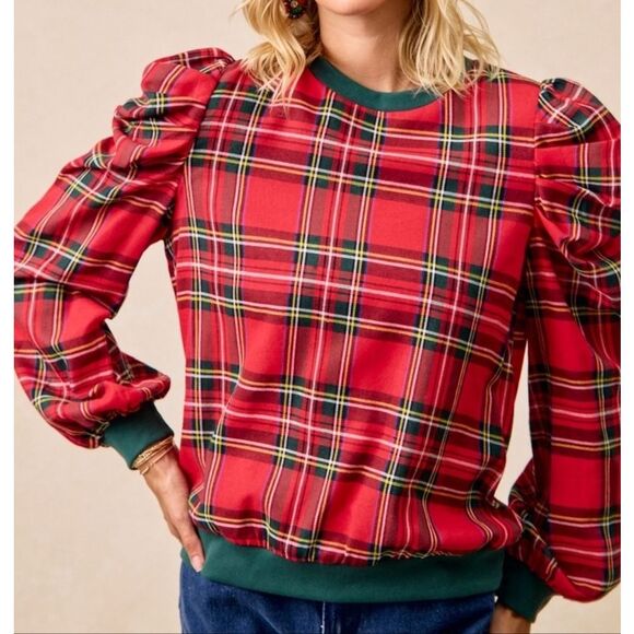 BiBi Christmas Plaid Puffy Shoulder Long Sleeves Top sz XL - Picture 1 of 17